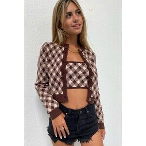 Cotton Candy LA Cardigan Junior's Small Sweater Cropped Brown Plaid Fitted Soft
